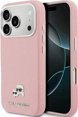 Produktbild von Handyhülle für iPhone 17 Pro, Karl Lagerfeld HardCase Karl and Choupette Head Pin Saffiano mit MagSafe, Rosa