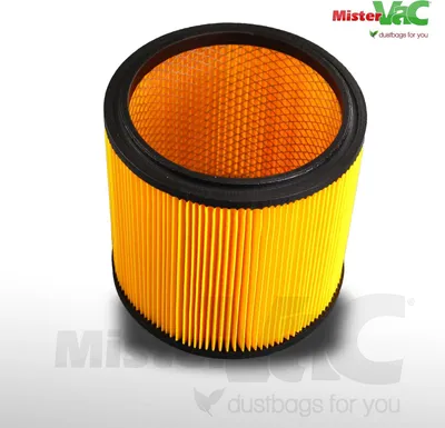 A cylindrical filter with yellow pleats and a black rim, set against a white background with subtle gray shading and watermarks.