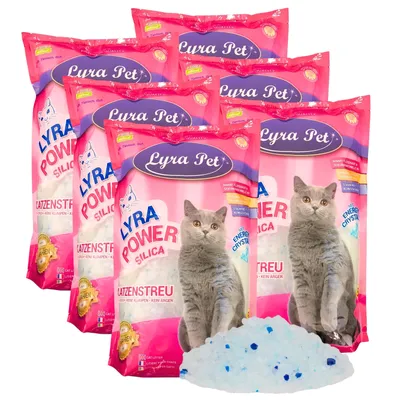 A product shot of multiple bags of cat litter with two cats depicted on the packaging, and a pile of the product in the foreground.