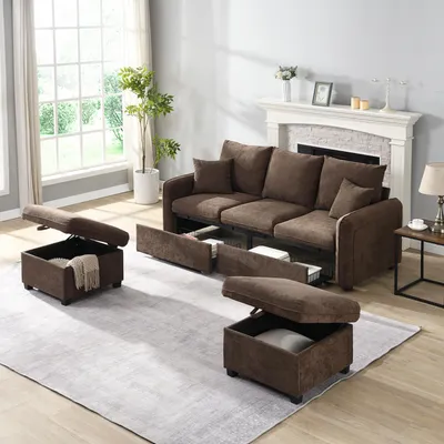 Image de OKWISH Canapé D'Angle Modulable - Avec Rangement 3 Places Tissu Chenille Marron