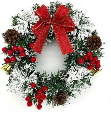 Produktbild von Weihnachtskranz fuer die Haustuer, 20,3 cm, kuenstlicher Winter-Kranz zum Aufhaengen an der Haustuer, Fensterkranz mit Tannenzapfen, Glocken, Beeren, Schleife fuer Weihnachtsbaum, Girlande, Urlaub, Wand, Kamin, Dekorationen
