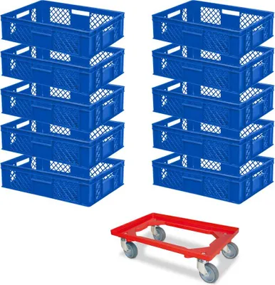 Produktbild von 10 Euroboxen, 600x400x150 mm, blau, lebensmittelecht + GRATIS Transportroller