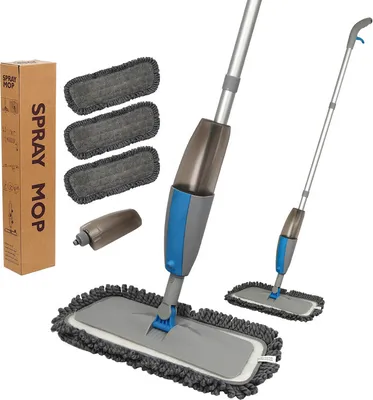 Image de (300 ml) Balai à laver en spray pour le nettoyage des sols, balai à laver les sols avec un flacon pulvérisateur rechargeable et 3 tampons lavables, balai plat pour le nettoyage des sols à la maison, cuisine, bois dur, stratifié, bois, carreaux de céramique