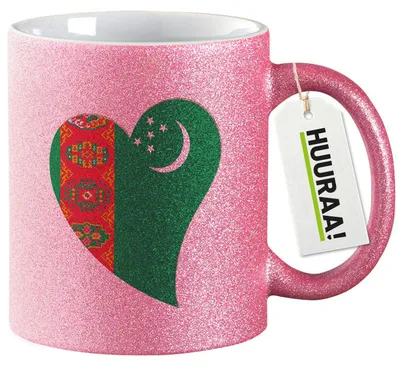 Produktbild von Huuraa Glitzertasse Turkmenistan Flagge Herz 330ml Pink Keramik Kaffeebecher Geschenkidee