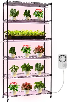 Image de Étagère à plantes VEVOR avec lampes de culture, support à 6 niveaux pour plantes d'intérieur avec roulettes et minuterie, lumière à spectre complet 150 W 3800 K, étagère à fleurs en métal pour la culture de graines, 90 x 35 x 180 cm