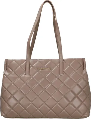 A studio shot of a brown quilted leather tote bag.