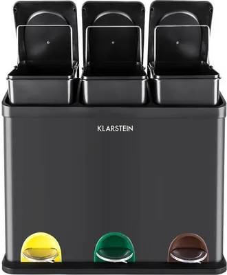 Obrázok produktu pre Klarstein Ökosystem 3, odpadkový kôš, separátor odpadu, pedálový odpadkový kôš recyklačný, farebné označenie, 45 l (3 x 15 l priehradky), rukoväť na prenášanie, nehrdzavejúca oceľ, čierny