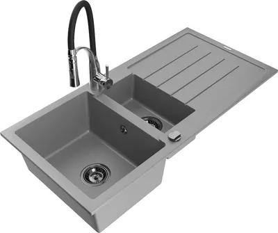 Produktbild von Mexen Andres 1,5-Becken-Granitspüle mit Abtropffläche und Mischbatterie Aster, Grau - 6515-71-73450-07-B