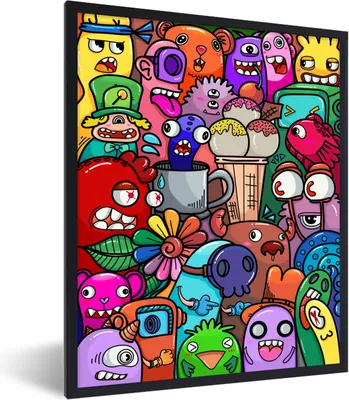 Produktbild von MuchoWow® Gerahmtes Poster Muster - Monster - Regenbogen - Lustig - Abstrakt - Kinder 60x80 cm - Poster mit Schwarzem Bilderrahmen Wandposter Rahmen Foto Bilder - Premium - Wanddeko Wohnzimmer