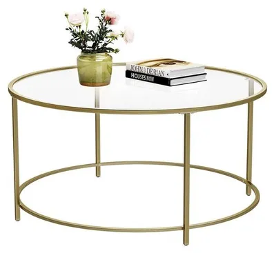 Obrázek produktu pro Kulatý konferenční stolek se skleněnou deskou, kovovými nohami, zlatou barvou, rozměry 84 x 84 x 45,5 cm