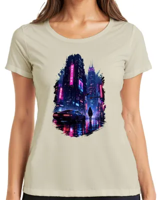 Immagine prodotto di T-shirt da donna, stile cyberpunk, con immagini di una città futuristica, luci al neon, auto, rigenerazione, notte, Giappone, anni 2000, synthwave. Taglia: L. Materiale: cotone