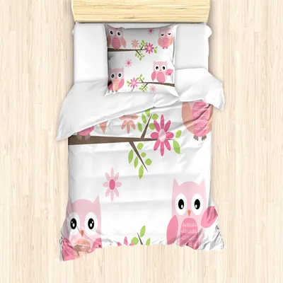 Produktbild von ABAKUHAUS Eule Mantele, Frühlings-Blumenbaby-Eulen, Milbensicher Allergiker geeignet mit Kissenbezügen, 135 cm x 200 cm - 80 x 80 cm, Rosa-Grün-Weiß