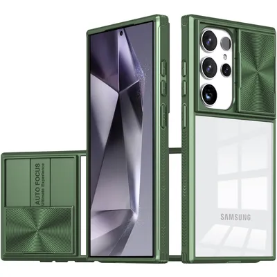 Immagine prodotto di Custodia per Samsung Galaxy S25 Ultra Hybrid Custodia paraurti in TPU trasparente con copertura fotocamera scorrevole verde