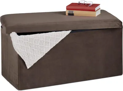Image de Banc de rangement - Revêtement en velours - 80 litres - Banc d'entrée - Salon - 38 x 77 x 39 cm - Banc rembourré en tissu - Marron