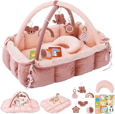 Produktbild von Baby-Spielbogen mit Babynest und Krabbeldecke – Baby-Gym mit Spielzeug, Spielmatte, Laufstall und Bällebad – weich gepolstert für Neugeborene (Rosa)
