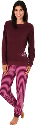 Produktbild von Damen Frottee Pyjama mit Bündchen, Hose gestreift, Top mit Sterne + Mond Stickerei ; beere , 40/42