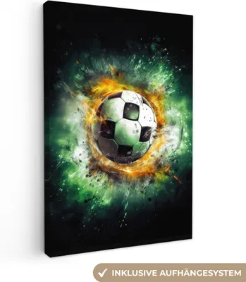 Zdjęcie produktu dla MuchoWow® - Obraz na płótnie - Piłka - Futbol - Zielony - Pomarańczowy - Dym, fototapeta, dekoracja ścienna, obrazy do salonu, 40x60cm