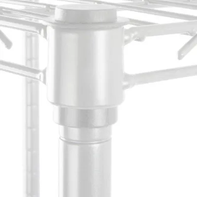 A close-up view of the top corner of a metal shelving unit.