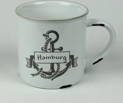 Produktbild von Hamburg Anker Kaffeebecher Kaffeepott weiß GRAU "Rusty" Emaille-Optik Tasse Becher