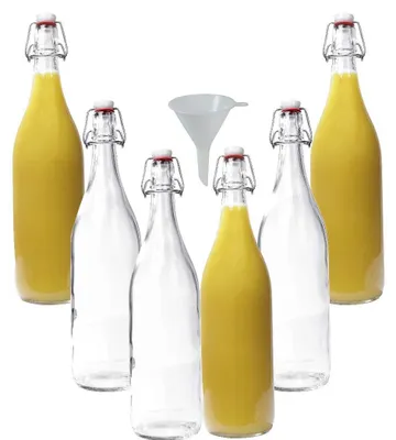Produktbild von Set aus 6 Glasflaschen mit Porzellandeckel und Trichter
