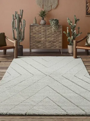 Image de Tapis Unyqoos® à poils longs et texturés, 160 x 230 cm, couleur crème – motif 3D moderne avec des reliefs, 100% polypropylène, doux et facile d'entretien