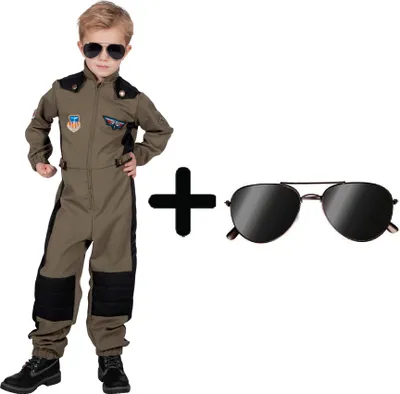 Produktbild von W3902-152+B02531 grün-schwarz Kinder Junge Kampfpilot Fliegerkombi Overall mit Brille Gr.152