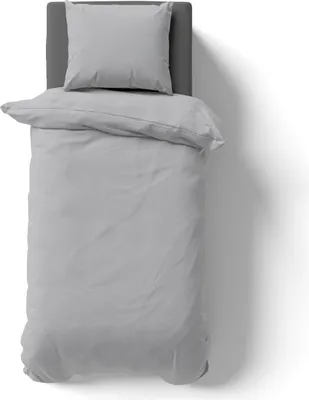 A top-down view of a gray duvet and pillow set on a bed.