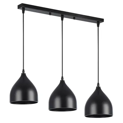 A black three-light pendant lamp with conical shades, shown against a white background.
