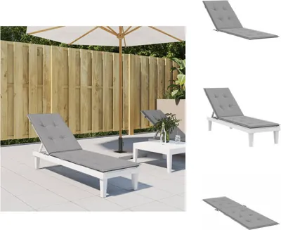 A collage of images showing a grey chaise lounge cushion and a white chaise lounge with a grey cushion.