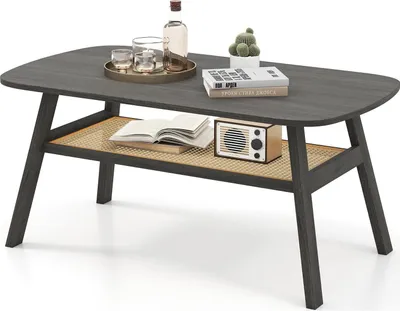 Immagine prodotto di Tavolino da salotto in legno - Tavolino da salotto/tavolino ausiliario - Ripiano in rattan - Due livelli - Design rustico - Rettangolare - Nero