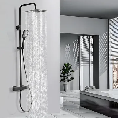 Produktbild von Duschsystem mit Thermostat Schwarz, Duscharmatur Komplettset Quadrat | Duschgarnitur Set mit 3 Funktions Handbrause, 25 cm Regenduschkopf, Duschstange 100-120 cm höhenverstellbar, Edelstahl