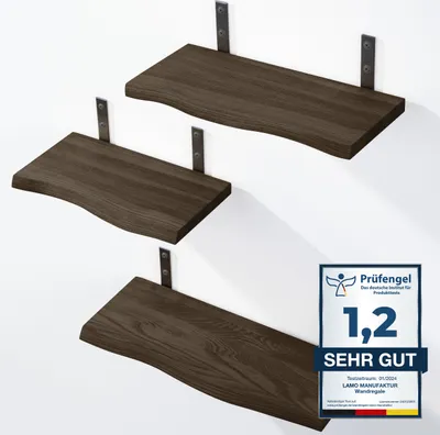 Produktbild von LAMO Manufaktur 3 Stück Wandregal Holz 40/35/30cm | Schweberegal Massiv 100% Echtholz | Hängeregal für Wohnzimmer, Schlafzimmer, Küche, Büro, Badezimmer | Wandregale SET 1 Baumkante Farbe: Schwarz