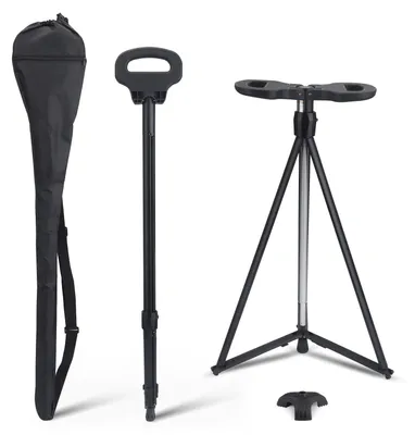 Produktbild von 2-in-1 Gehstock mit Sitz - Höhenverstellbar 87–98 cm - Klappbarer Sitz - Aluminium - T-Griff - Tragkraft 150 kg - Schwarz