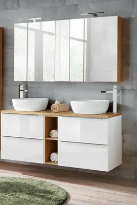 Produktbild von MONTIERT Badmöbel Set CAPRI-B WEISS HOCHGLANZ 140 cm LED SOFT - CLOSE Waschbecken Waschbeckenunterschrank Spiegelschrank