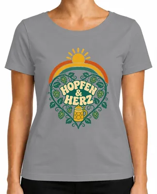 Immagine prodotto di Hopfen & Herz: Birra, amore per la birra, boccale, festa popolare, camicia tradizionale, pantaloni di pelle, maglietta da donna, grigio, taglia M