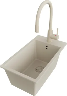Produktbild von PRIMAGRAN Granitspüle Beige 28x50cm, Spülbecken 1 Becken + Küchenarmatur 38x14cm + Ablauf-Set, Küchenspüle ab 30er Unterschrank - Riga