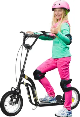 Produktbild von Kinderroller ab 5 Jahre mit 12 Zoll Luftreifen aus Aluminium in Schwarz, 120x58x85-95 cm, Cityroller Tretroller Kickboard
