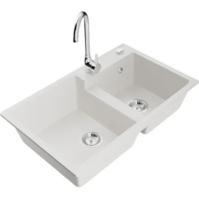 Obrázek produktu pro Mexen Tomas 2-miskový granitový dřez s kuchyňskou baterií Telma, Bílá - 6516-20-670200-00