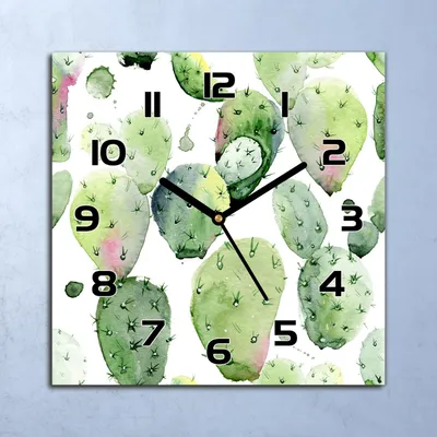 Produktbild von Wanduhr Echt-Glas-Küchenuhr Aquarell Kakteen Quarz Lautlos 30x30 Deko Bilder