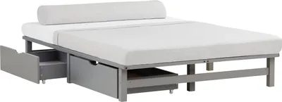 Image de Cadre de lit 140x200 cm avec Matelas 2 tiroirs Gris Lit en bois massif Lit double Lit palette Lit d'enfant Sommier à lattes
