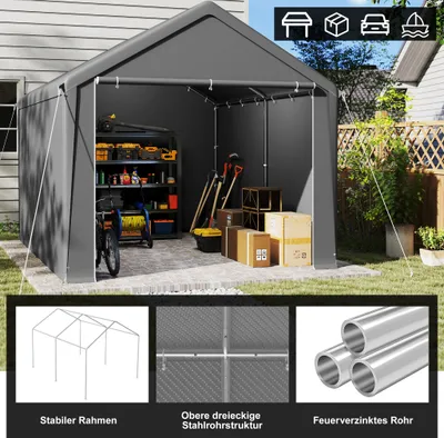 Produktbild von XMTECH Lagerzelt Gerätezelt Carport Gartenschuppen Robuste Zeltgarage mit UV-beständigem Dach & abnehmbaren Seitenwänden 3x4 m Grau