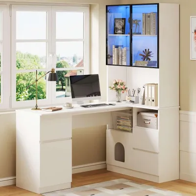 Produktbild von Eckschreibtisch mit Regal und LED-Vitrine 120x80x180cm Schreibtisch mit Schubladen Türen Fächer