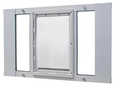 Produktbild von Haustiertür aus Aluminium, verstellbar für Fensterbreiten von 83,8 cm bis 96,5 cm, 26,5 x 38,1 cm