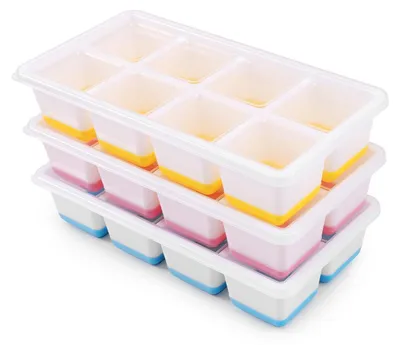 Produktbild von Eiswürfelform Silikon 3er Set mit Deckel BPA Frei Stapelbar Blau Rosa Gelb