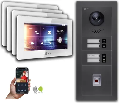 Produktbild von Goliath IP Video Türsprechanlage: 7-Zoll 4 Familienhaus, Fingerprint, Anthrazit : 7 Zoll Weiß : Aufputz Dose Monitor Farbe: 7 Zoll Weiß Montage: Aufputz Dose