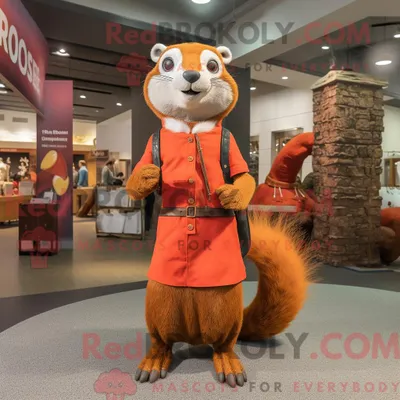 Produktbild von Maskottchenfigur REDBROKOLY eines Rostmongoose mit Minirock und Handtasche