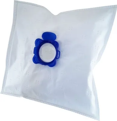 A white vacuum cleaner bag with a blue plastic closure.