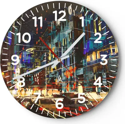 Produktbild von Wanduhr - Rund - Glasuhr - Stadt Nacht Straße - 30x30cm - Schleichendes Uhrwerk - Lautlos - zum Aufhängen bereit - Dekoration Modern - Wanddekoration aus Glas - C4AR30x30-3787