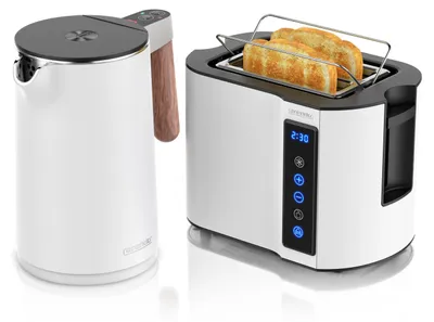 Produktbild von Arendo Frühstücks-Set Edelstahl, Wasserkocher mit Temperatureinstellung 1,5l, Toaster 2 Scheiben Kurzschlitz, Brötchenaufsatz, Touch, weiß