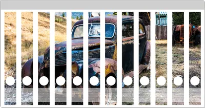 Produktbild von Wallario Ordnerrücken Sticker, selbstklebend für schmale Ordner, 12 Stück, Motiv Rostiger Oldtimer auf dem Schrottplatz